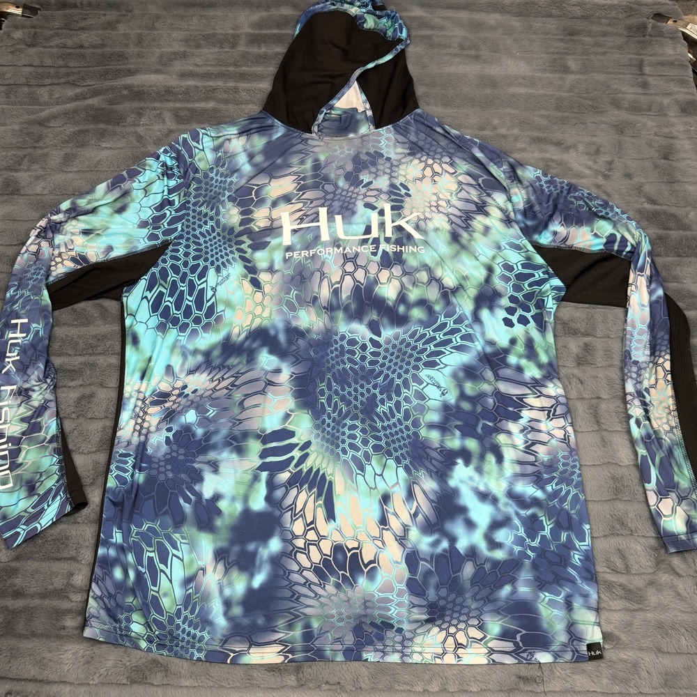 Huk Mens Performance Fishing Hoodie XL Kryptek Pontus Camo Blue Sun Shirt
